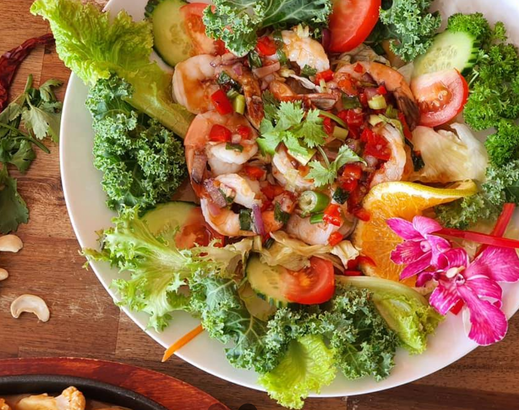 Fresh Thai prawn salad with herbs, chilli and vegetables